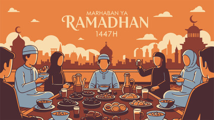 This warm and togetherness atmosphere reflects the tradition of gathering together in the month of Ramadan 1447H. There is an inscription saying "Marhaban Ya Ramadhan 1447H".