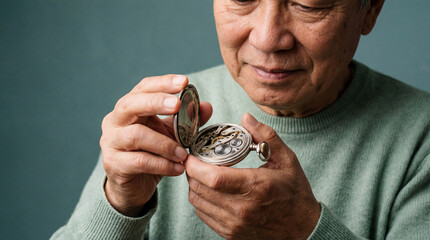 senior man carefully examining an antique pocket watch mechanism against a muted background in thoughtful close up portrait