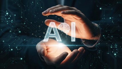 Artificial Intelligence conceptual image featuring a brain between the letters A and I illuminated by hands with a technological circuit board background indicating future possibilities