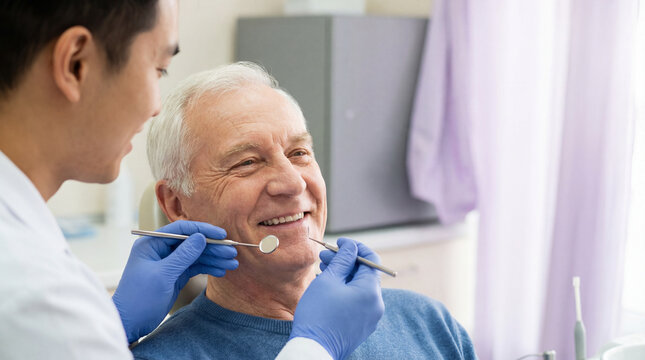 Smiling senior man receiving routine dental checkup from male dentist wearing gloves in bright modern clinic examination room