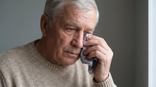 Elderly man wiping tearful eyes with cloth while standing alone by window and reflecting on grief sadness and emotional loss