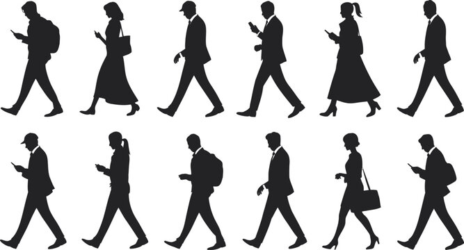 Silhouettes of People Walking and Using Mobile Phones