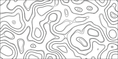 Black and white abstract topographic map contour lines pattern with bold outlines on a clean white background, ideal for graphic design, illustrations, and educational materials
