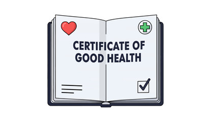 Flat design illustration of an open book or document, showing the title "CERTIFICATE OF GOOD HEALTH" on the page.