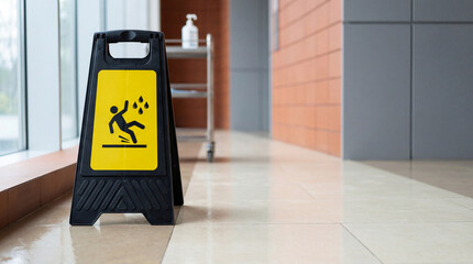 Wet floor caution sign on indoor hallway tile warning of slipping hazard near cleaning cart and sanitizer bottle