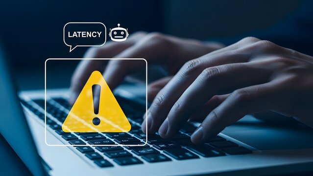 Latency issue on laptop with alert symbol and chatbot icon