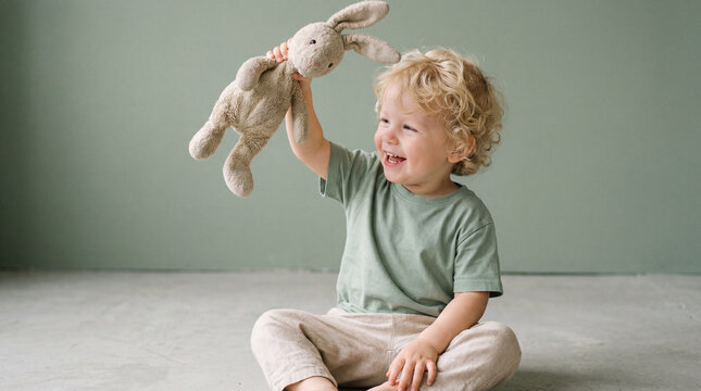 Smiling toddler sitting on floor holding plush bunny toy against green wall in minimalist playful childhood moment - Powered by Adobe