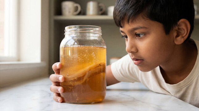 Curious boy observing a large kombucha scoby in a glass jar on a kitchen counter near a window with natural soft daylight