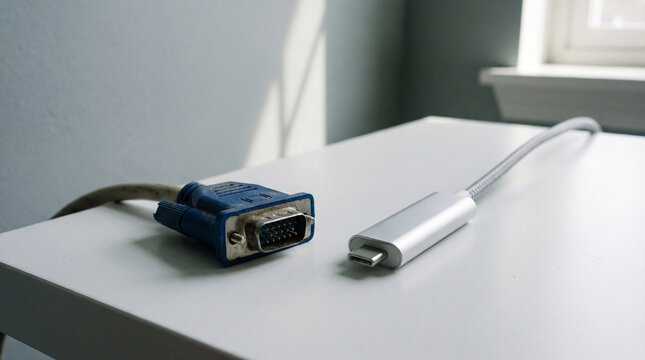 Old vga connector and modern usb c adapter on white desk near window symbolizing transition between legacy and new technology