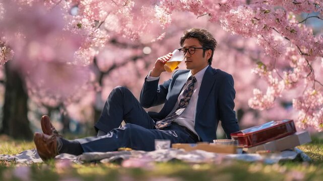 桜の下でビールを楽しむ日本人ビジネスマン