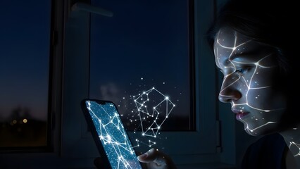 Facial recognition technology scanning a person s face with digital overlay