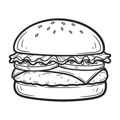Delicious Black and White Burger Illustration Food Fast Food Burger Line Art Drawing Sketch Restaurant Icon Design Bun