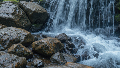 Waterfall cascading over rocks in a lush green environment