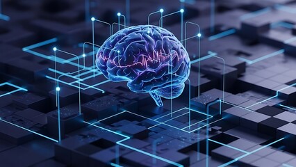 Artificial intelligence conceptual image showcasing a brain with electrical activity and futuristic blue technology backdrop representing digital data and processing power