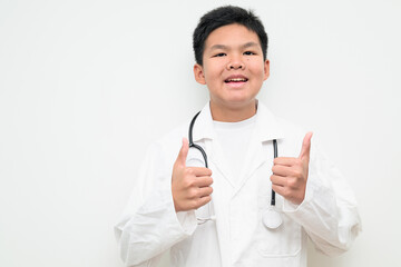 Young Asian Boy Dressed as Doctor with Stethoscope Thumbs Up Approval Success Gesture