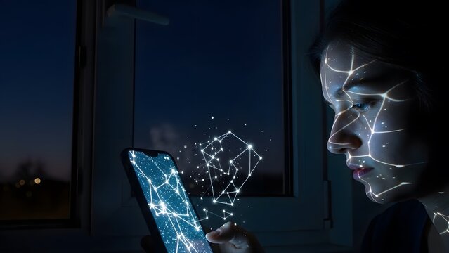 Facial recognition technology scanning a person s face with digital overlay