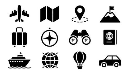 Set of travel and tourism icons. Simple vector silhouette  for vacation planning isolated
