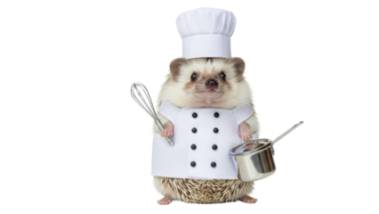 Hedgehog dressed as a chef holding a whisk and a saucepan isolated PNG with Transparent Background