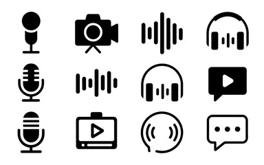 Set of audio and video icons in simple black vector design. Perfect for app and web user interface elements