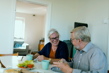 Senior couple smiling while eating lunch at home