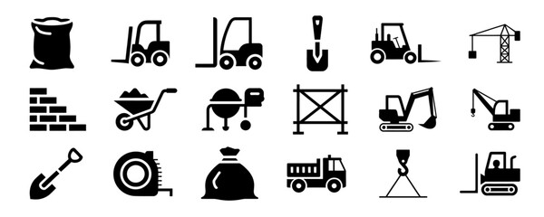 Construction equipment icon set vector design. Building and industrial projects silhouette 