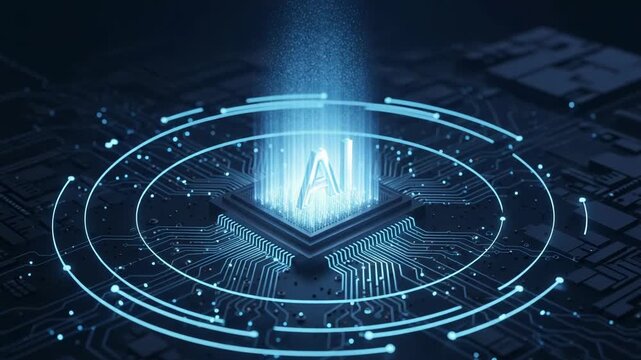 Abstract digital representation of artificial intelligence processing data on a futuristic microchip with glowing blue light and circular energy field - Powered by Adobe