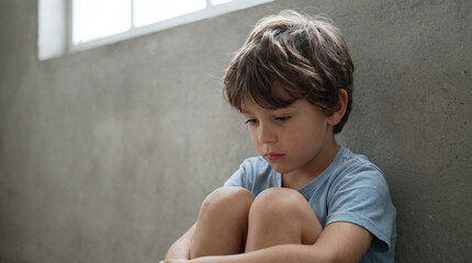 Sad young boy sitting alone indoors against gray wall in natural window light, hugging knees and looking down with thoughtful expression