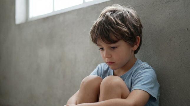 Sad young boy sitting alone indoors against gray wall in natural window light, hugging knees and looking down with thoughtful expression