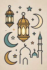 Celebrate Ramadan with festive lanterns, crescent moons, and mosque silhouettes for a culturally rich and vibrant design perfect for greetings and promotions