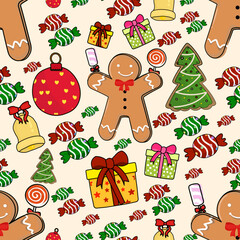 Happy gingerbread man and christmas tree seamless pattern. cheerful holiday design with gift, candy, and ornament for winter celebration background and decoration