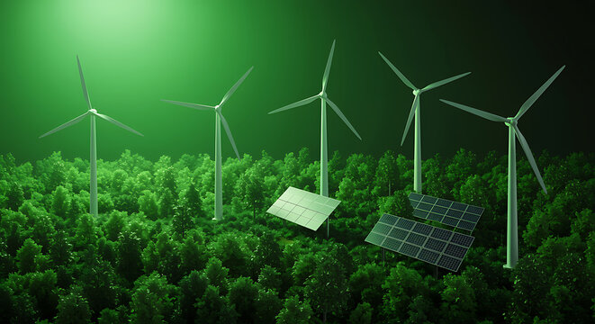 Five white wind turbines and solar panels amidst dense green forest renewable energy green energy