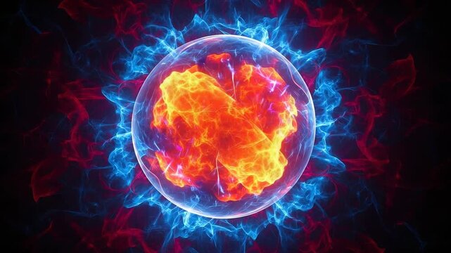 Abstract representation of a glowing, energetic cell or atomic nucleus with intense orange and red plasma contained within a blue energy field against a dark background