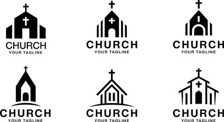 Collection of church, logo, icon, cross, religion, Christianity, diverse minimalist church logo designs featuring a prominent cross symbol on roof