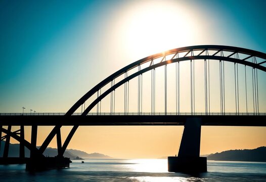 Sleek, dark bridge silhouette against bright sky, silhouette, concrete