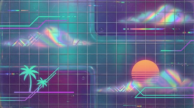 Neon purple and teal lights illuminate a retro 80s grid with palm trees and a sunset.