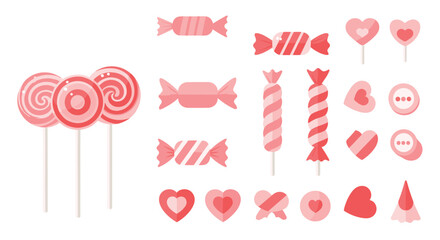 Sweet collection of pink Valentine's Day candy stickers, including lollipops, wrapped sweets, and heart-shaped hard candies.
