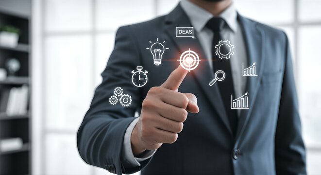 Businessman Interacting with Virtual Interface Technology, Ideas, and Goals