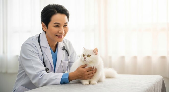 Smiling Asian female veterinarian examining a fluffy white cat in a clinic. Professional pet care and animal health checkup concept