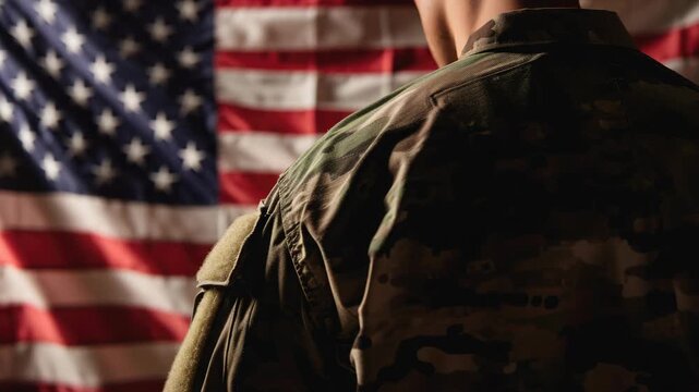 Military Personnel in Front of American Flag