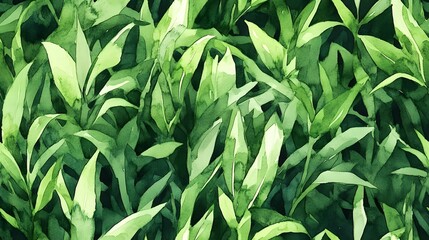 Obraz premium Lush green foliage is depicted in a dense, repeating watercolor pattern