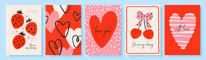 Naklejka premium Сollection of colorful Valentine's Day cards with hand-drawn strawberries, hearts and cherries. Trendy style with brush strokes. Set of vector illustrations for romantic gift wrapping or cover design.