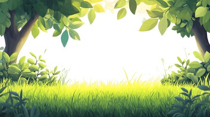 Lush green foliage frames a brightly lit grassy clearing under sunlit canopy