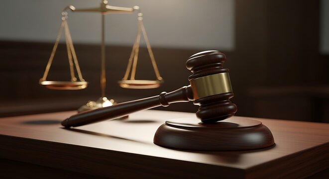 Wooden Gavel  Scales of Justice on Judges Table with Legal Concept, Law, and Courtroom.