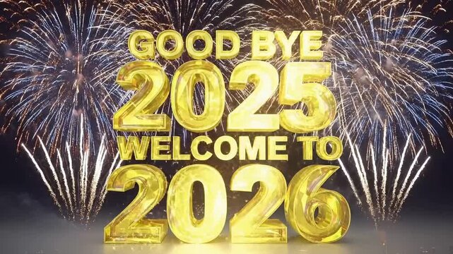 Goodbye 2025 Welcome 2026 golden text sparkles with fireworks, perfect for holiday celebration greetings, New Year's Eve promotions and festive content.