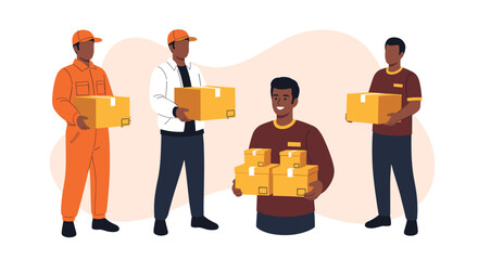 Diverse delivery team carrying cardboard boxes, representing logistics, shipping, and package delivery services for e-commerce and retail businesses.