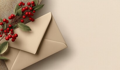Modern minimalist mockup of envelope with red berries on left side set against beige background