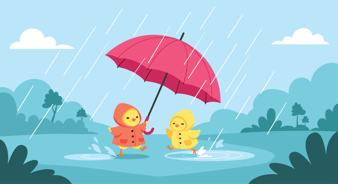 Two cheerful baby chicks enjoy a rainy day outdoors, one holding a bright pink umbrella while splashing in puddles, showcasing childlike joy and weather fun.