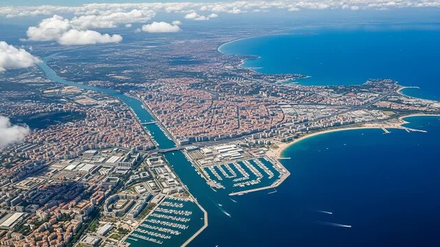 Aerial view of tarragona city in catalonia, spain, showing the port, marina, canal, and mediterranean sea coastline under a partly cloudy sky