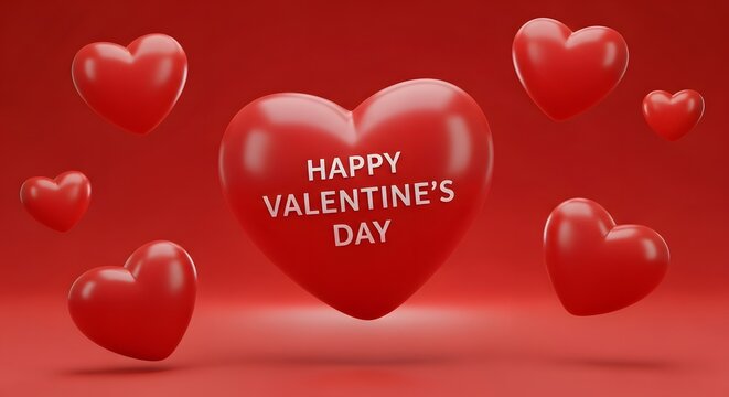Happy valentine s day red heart balloons floating on a red gradient background