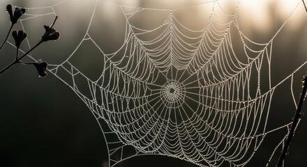 A macro close-up of an intricate spiderweb covered in morning dew drops. Glistening water droplets on a delicate cobweb pattern against a dark background